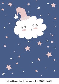 Sweet Dreams. White Fluffy Smiling Cloud on a Light Blue Background. Cute Cloud in a Funny Pink Hat. Simple Nursery Art for Wall Art, Poster, Card, Greeting, Invitation, Baby Girl Party Decoration. 