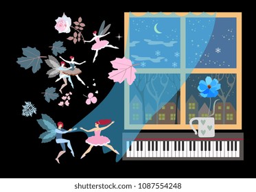 Sweet dreams. Winged fairies and elves swirling in the dance along with the autumn leaves. Swaying transparent curtain, window with winter landscape, piano keyboard and blue flower in the mug. Vector.