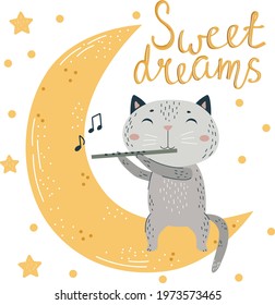 Sweet dreams wish for baby text Cute cat with flute. Positive short phrase poster Cute card banner logo