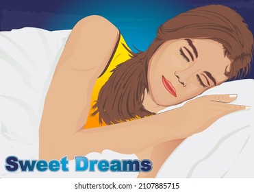 Sweet dreams, the woman is sleeping at night in bed