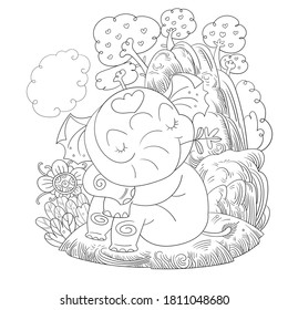 Sweet dreams of young elephant.Hand drawn stock vector illustration for greeting card,poster,background,pattern,decoration,wallpaper,animals cartoon coloring,preschool coloring,banner,advertising.