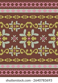 Sweet Dreamy Bohemian With Pink Green Mint Blooming Wines on Dark Brown Background. Whimsical Delicate Seamless Border Pattern Scroll Ornament and Geometric Style for Embroidery Canvas Bag Scarf Weave
