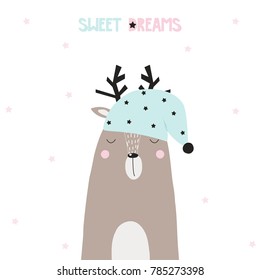 Sweet dreem funny print with deer and nightcap. Vector hand drawn illustration.