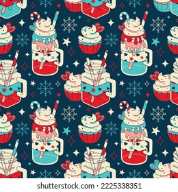 Sweet drink, cupcakes and Christmas candy graphic on seamless pattern. Cozy cute bottles of warm drink: mulled wine or glintwine, cream, foam, candy cane. Fun Happy New year wrapping paper, fabric.
