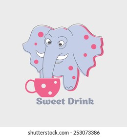 Sweet drink logo. Gray elephant drinking from a pink cup.