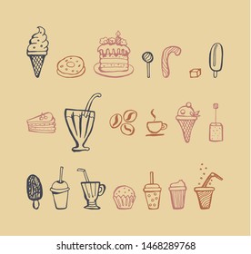 Sweet and drink set hand-drawn doodle. Ice cream, cake, caramel, coffee, tea. Vector color contour illustration.