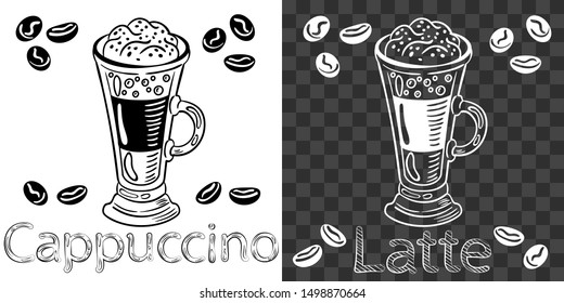 Sweet drink. Sketch latte or cappuccino in glass cup with coffee beans. Design, print on packaging or menu for fast food, street cafe or bar. White background transparent in EPS. Vector illustration.