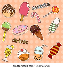 Sweet and drink sticker set.  Cakes, popsicles, candies, smoothies, lemonades, donuts, and bubble tea. Doodle vector illustration.