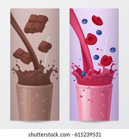 Sweet Drink Vertical Banners with Falling Chocolate and Fruits. Vector illustration