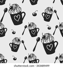 Sweet drink with whipped cream. Vector hand drawn seamless pattern.