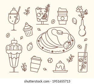 Sweet drinks and cakes in the cafe. flat design style minimal vector illustration.
