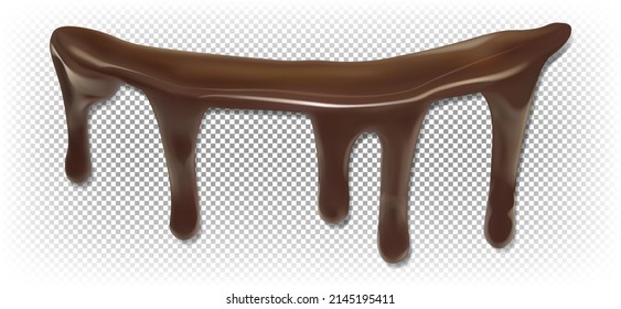 A sweet drip of liquid chocolate on the edge. Vector 3d realistic illustration isolated on white background. Sauce, ganache, cream, dessert.