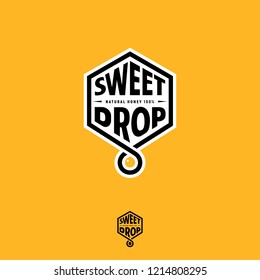 Sweet Drop emblem. Natural honey logo. Honey emblem. Letters on a hexagon and honey drop on an yellow background. Honeycomb label.