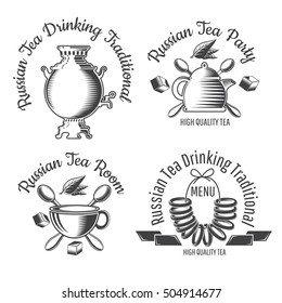 Sweet dry roll bread on the string, samovar, teapot and cup. Set Russian tea tradition logo for cafe, tea house, tea party, bakery or business