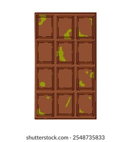 Sweet Dubai chocolate with pistachio and kataifi dough in milk chocolate. Bar of chocolate with pistachio paste filling. Vector illustration of trending pistachio chocolate bars green filling flavor