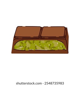 Sweet Dubai chocolate with pistachio and kataifi dough in milk chocolate. Bar of chocolate with pistachio paste filling. Vector illustration of trending pistachio chocolate bars green filling flavor