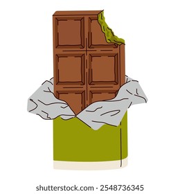 Sweet Dubai chocolate with pistachio and kataifi dough in milk chocolate. Bar of chocolate with pistachio paste filling. Vector illustration of trending pistachio chocolate bars green filling flavor