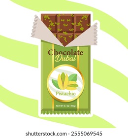 Sweet Dubai chocolate with pistachio and kataifi dough in milk chocolate. Bar of chocolate with pistachio paste filling. Vector illustration of trending