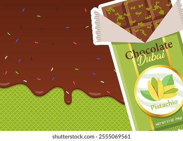 Sweet Dubai chocolate with pistachio and kataifi dough in milk chocolate. Bar of chocolate with pistachio paste filling. Vector illustration of trending