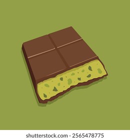 Sweet Dubai chocolate with pistachio and kataifi dough in milk chocolate. Bar of chocolate with pistachio paste filling. Vector illustration of trending