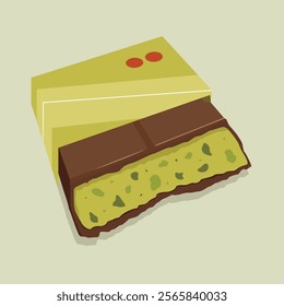 Sweet Dubai chocolate with pistachio and kataifi dough in milk chocolate. Bar of chocolate with pistachio paste filling. Vector illustration of trending