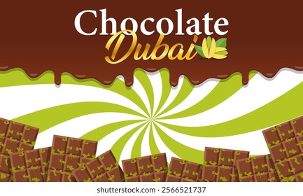 Sweet Dubai chocolate with pistachio and kataifi dough in milk chocolate Bar of chocolate with pistachio paste filling. Vector illustration of trending