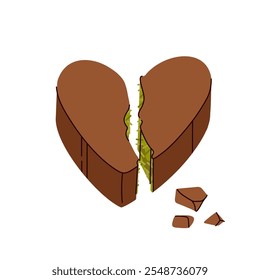 Sweet Dubai chocolate in the shape of a heart with pistachio and kataifi dough in milk chocolate. Vector illustration of trending pistachio chocolate bars green filling flavor