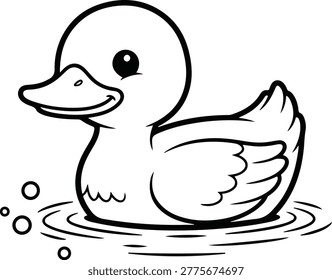 Sweet duck floating on water in simple line art style. Great for kids coloring pages, farm themes, and cute animal illustrations.