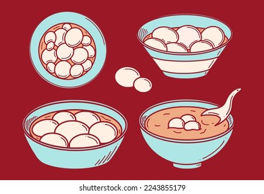 Sweet dumpling soup Tang yuan vector illustration. Chinese New year dessert tangyuan in doodle style.