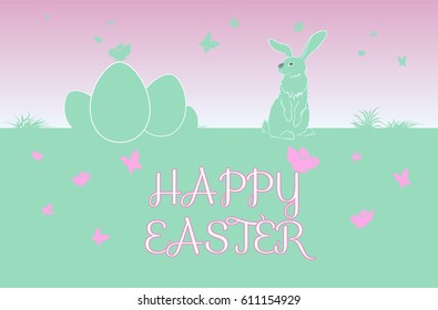 Sweet Easter Bunny with butterflies.  Outline and Text. Vector Design