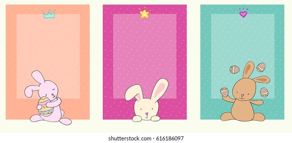 sweet Easter bunny cards, with pink bunny. yellow bunny and brown bunny, holding and playing with an Easter egg, 