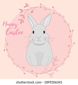 Dulce conejo de Pascua con círculo de flores y feliz saludo de Pascua