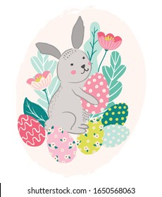 Sweet Easter bunny rabbit illustration with eggs, flowers, leaves. Vector scandinavian style baby, children, easter print for cards, posters, banners, flyer design