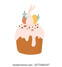 Sweet Easter cake decorated eggs and bunny vector illustration. Spring holiday