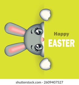 Sweet Easter card with a bunny on a green background. Easter rabbit. Symbol of Easter. Vector children's illustration.
