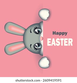 Sweet Easter card with a bunny on a pink background. Easter rabbit. Symbol of Easter. Vector children's illustration.	