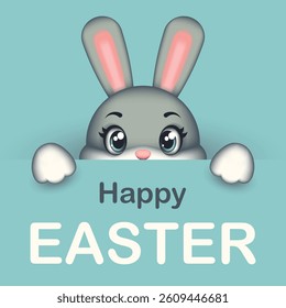 Sweet Easter card with a bunny on a blue background. Easter rabbit. Symbol of Easter. Vector children's illustration.
