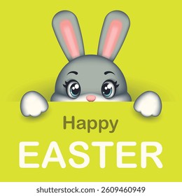 Sweet Easter card with a bunny on a green background. Easter rabbit. Symbol of Easter. Vector children's illustration.