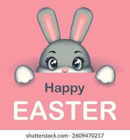 Sweet Easter card with a bunny on a pink background. Easter rabbit. Symbol of Easter. Vector children's illustration.