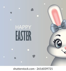 Sweet Easter card with a white smiling rabbit with a bow on the head. Symbol of Easter. Vector children's illustration.