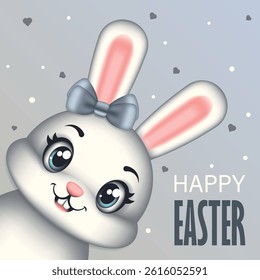 Sweet Easter card with a white smiling rabbit with a bow on the head. Symbol of Easter. Vector children's illustration.
