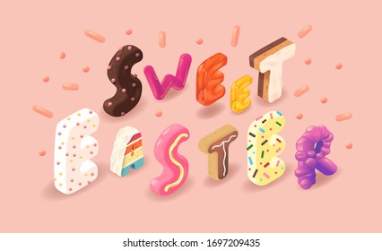 Sweet Easter Colorful Text On A Pink Background. Celebration Concept With Candy Typeface. Vector Childish Postcard