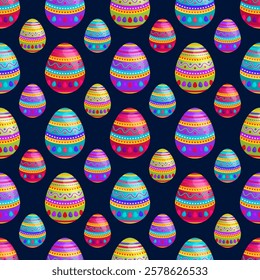 Sweet Easter Day Themed Pattern For Easter Day Celebration. Made with Colorful Eggs In Dark Blue Background.