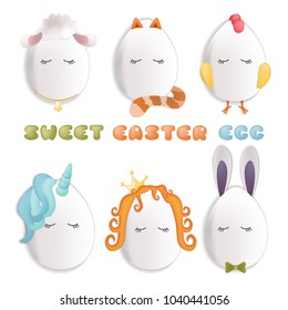 Sweet easter egg characters. Funny Easter eggs chick rabbit cat and others. Happy easter vector set for kids