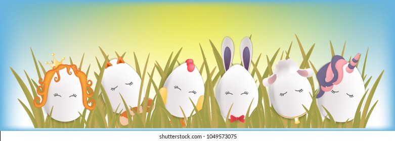 Sweet easter egg characters in the grass with sky. Funny Easter eggs chick rabbit cat and others. Happy easter vector set for kids. Egg hunt scene