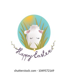 Sweet easter egg lamb in the grass and oval sky. Happy easter lettering phrase. Vector gift card. Egg hunt scene.