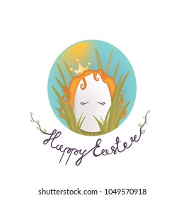 Sweet easter egg princess in the grass and oval sky. Happy easter lettering phrase. Vector gift card. Egg hunt scene.
