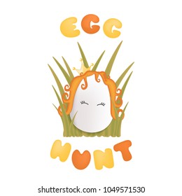 Sweet easter egg princess in the grass. Happy easter vector gift card. Egg hunt scene.