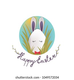 Sweet easter egg rabbit in the grass and oval sky. Happy easter lettering phrase. Vector gift card. Egg hunt scene.