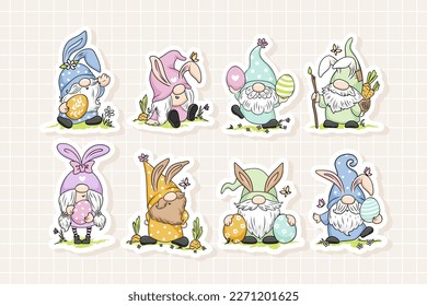 Süße Ostergnome Cartoons. Illustration von kawaii kleinen Gnomen. Hübsche druckbare Aufkleber.	